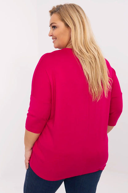 Stylish plus size blouse with classic round neckline by Relevance, featuring a soft viscose blend and decorative rhinestone details.