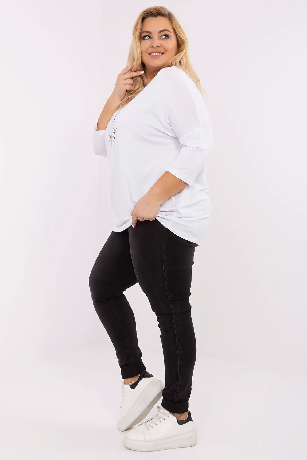 Stylish casual blouse featuring decorative rhinestones by Relevance, made of stretchy viscose fabric, ideal for creating a chic look in plus sizes.