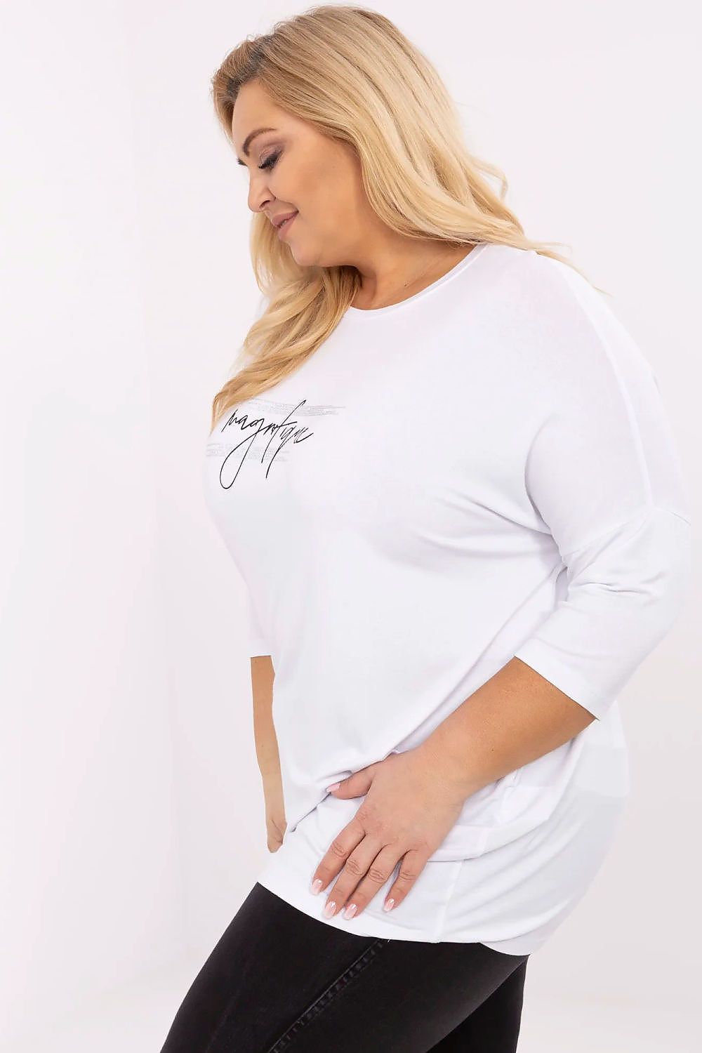 Refined plus size blouse with 3/4 sleeves by Relevance, featuring shiny jet stone details, capturing the essence of modern luxury.
