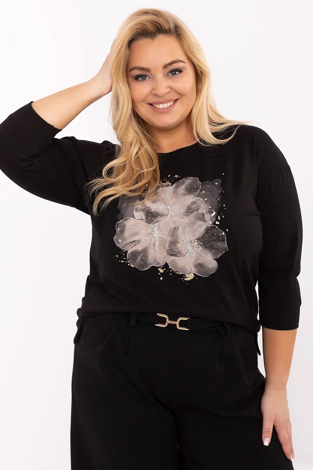 Sophisticated plus size blouse by Relevance featuring shiny jet and zircon accents, designed for elegant style and comfort.