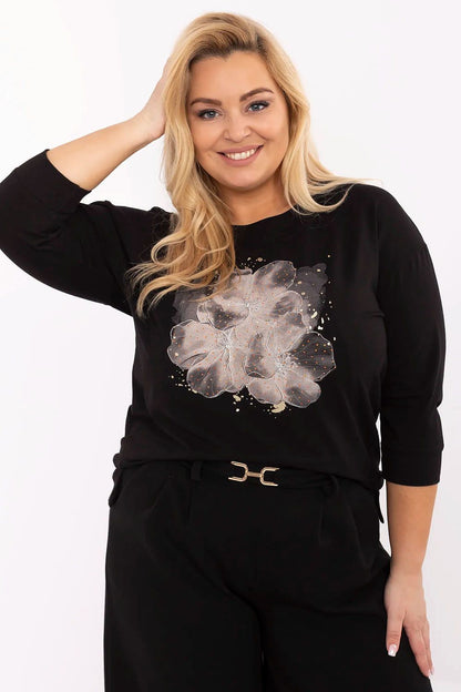 Sophisticated plus size blouse by Relevance featuring shiny jet and zircon accents, designed for elegant style and comfort.