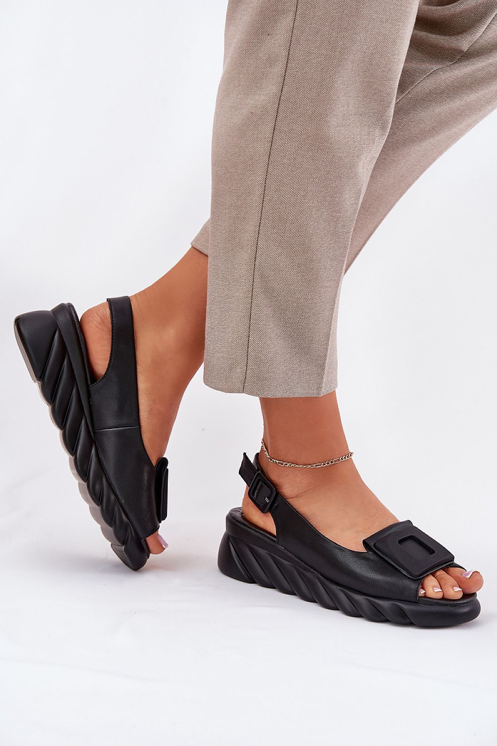 Elegant women's natural leather wedge sandals with buckle in fashionable design by Step in Style, perfect for chic summer outfits.
