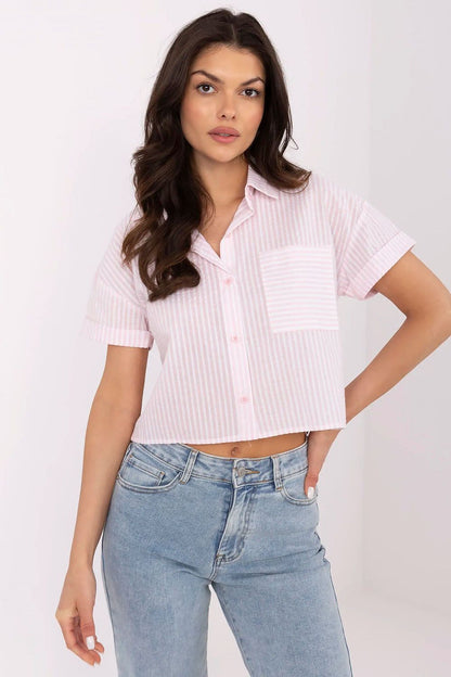 Luxury striped cotton short sleeve shirt for women by NM in EU S/M | US S/M, perfect for casual everyday wear, featuring a classic collar, button fastening, and practical chest pocket.