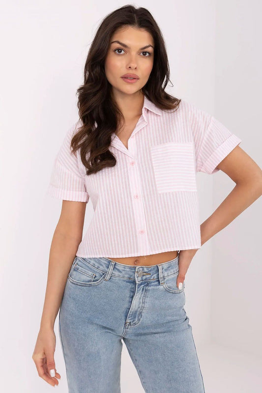 Luxury striped cotton short sleeve shirt for women by NM in EU S/M | US S/M, perfect for casual everyday wear, featuring a classic collar, button fastening, and practical chest pocket.