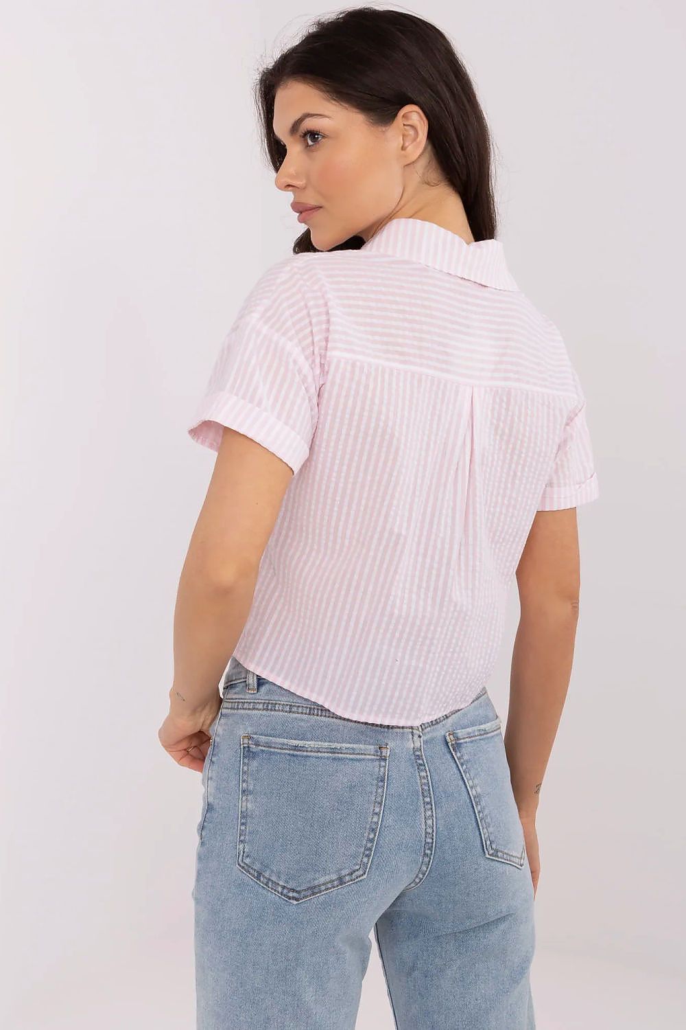 Luxury striped cotton short sleeve shirt for women by NM, showcasing a stylish casual design ideal for everyday wear.