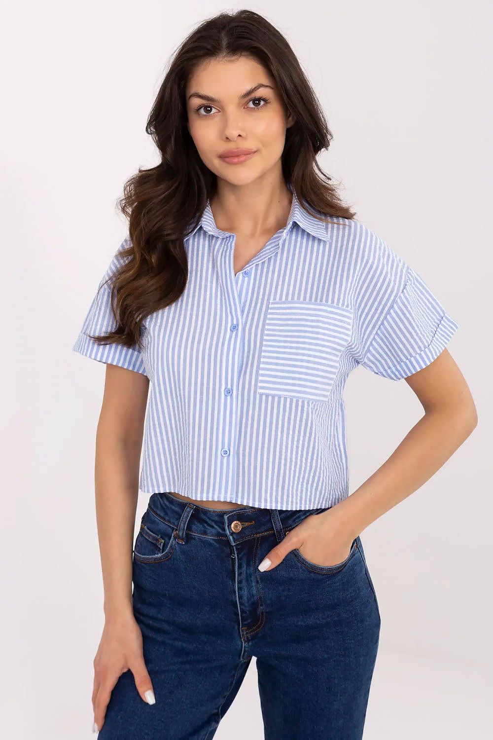 Close-up of the exquisite fabric and classic collar of the women's luxury striped shirt by NM, designed for comfort and elegance.