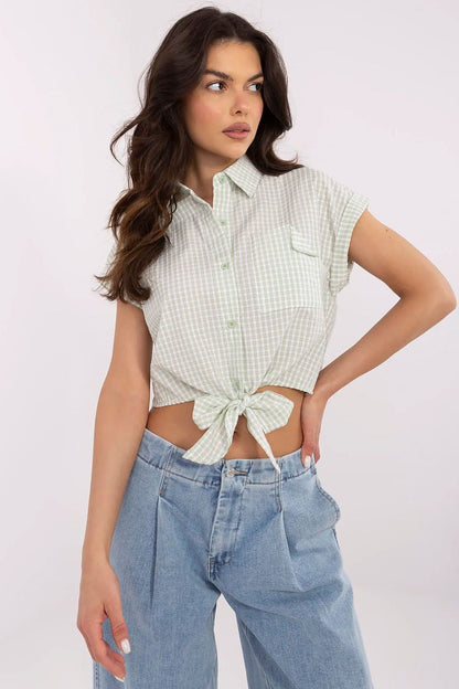 Fashionable NM women's checkered shirt, tailored for a relaxed fit with a trendy chest pocket, ideal for pairing with jeans or shorts.