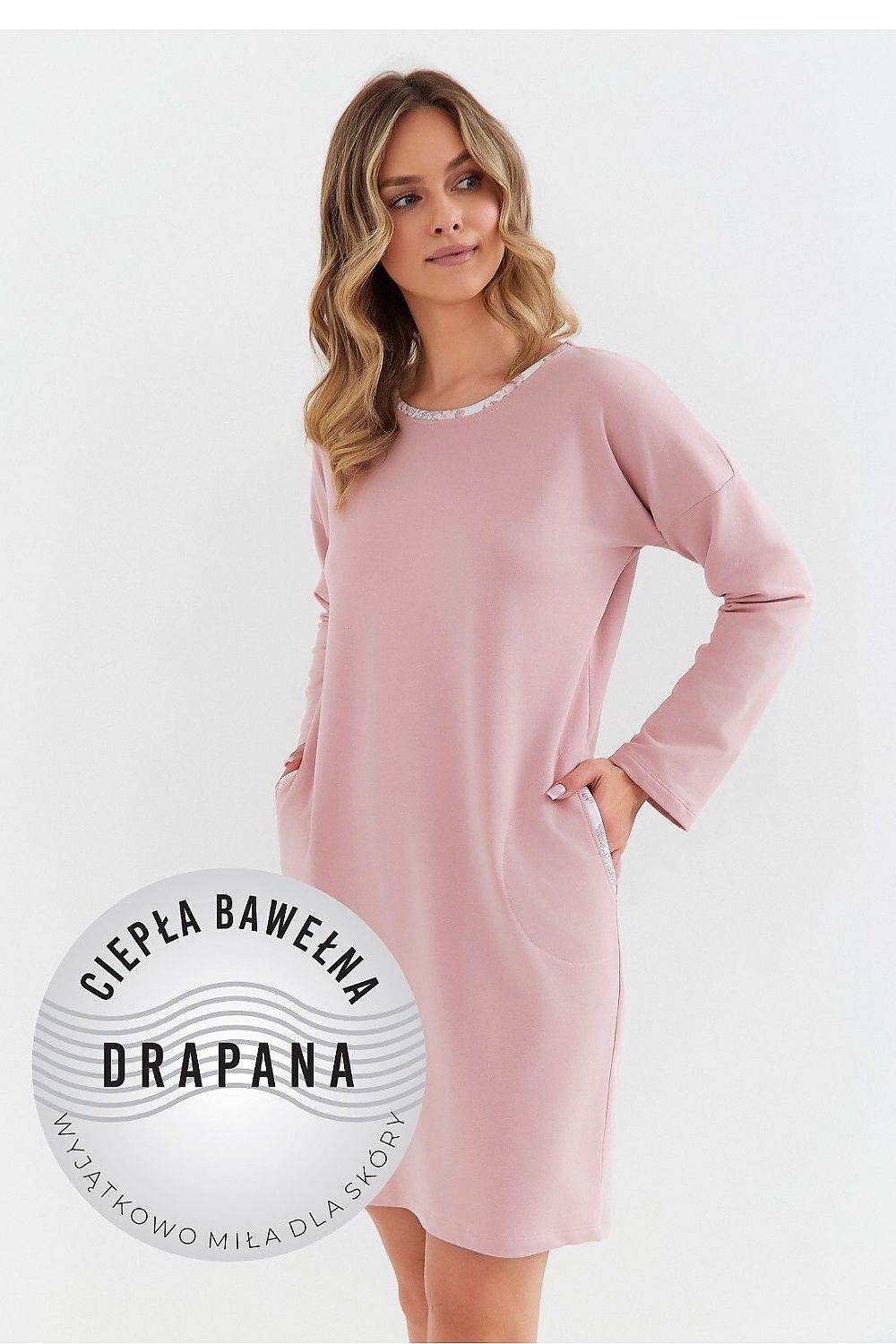 Luxurious women's nightshirt by Cana featuring long sleeves and a round lace neckline, perfect for cooler nights.