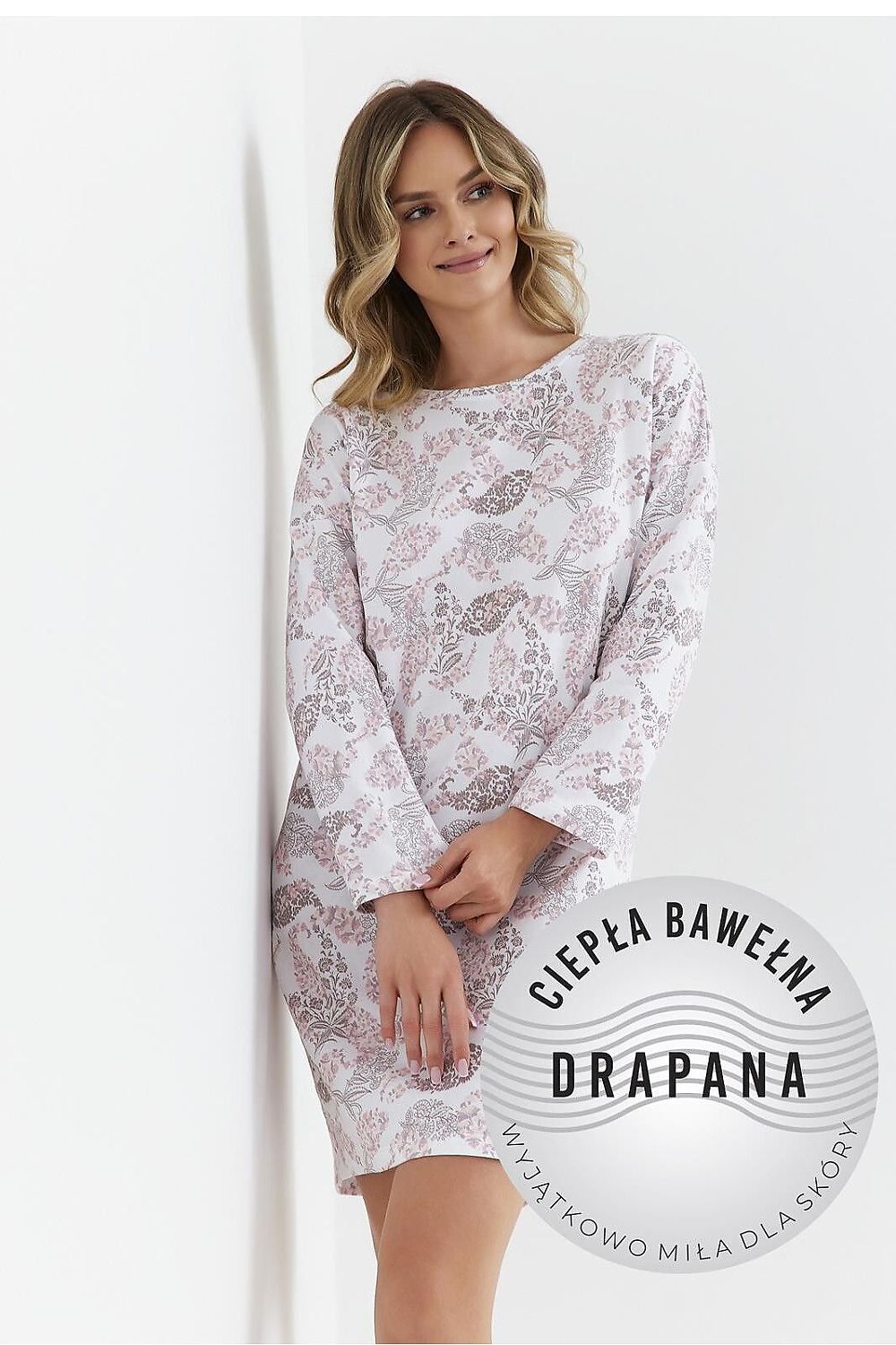 Cana Women's Cotton Nightshirt featuring elegant side pockets, long sleeves, and a luxurious knee-length design, perfect for a snug and comfortable night's sleep, available in sizes S-XXL.
