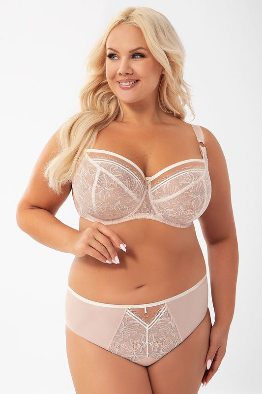 Gorsenia Lingerie's exquisite soft bra for larger busts, showcasing intricate lace and satin accents that blend style and functionality.