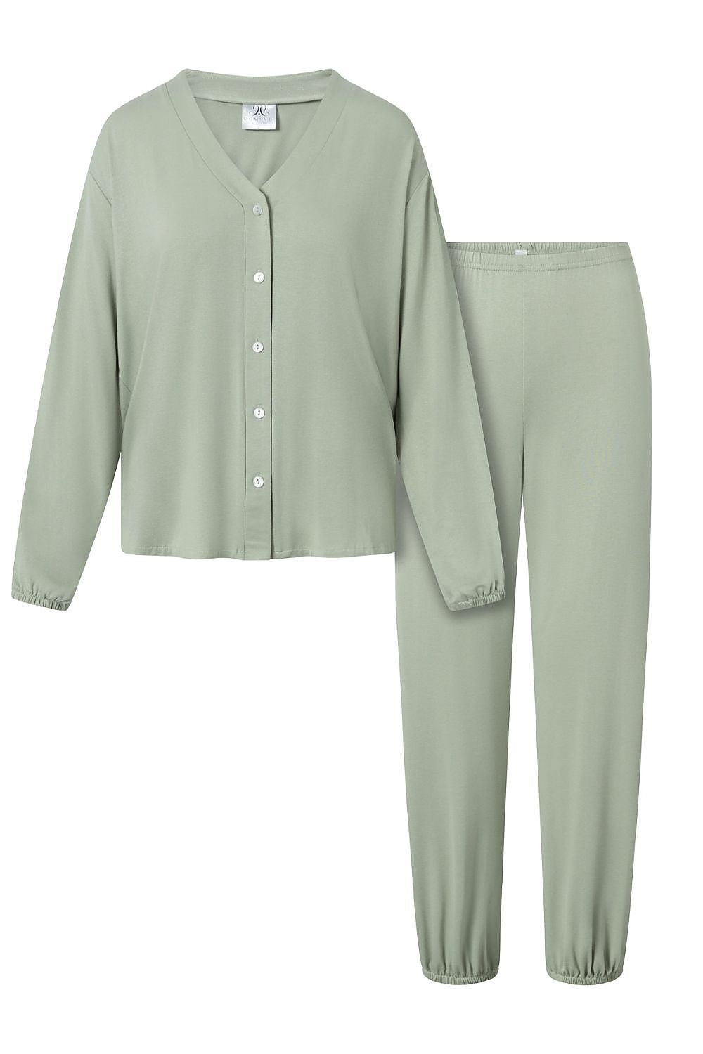 Elegant design of Momenti Per Me's women's pajamas set, showcasing soft cuffed sleeves and a delicate colour palette, perfect for comfort and femininity in sleepwear.