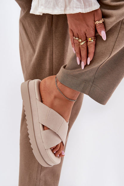 Luxury women's suede-like platform flip-flops by Step in Style, featuring adjustable straps for a perfect fit, ideal for summer fashion and comfort.