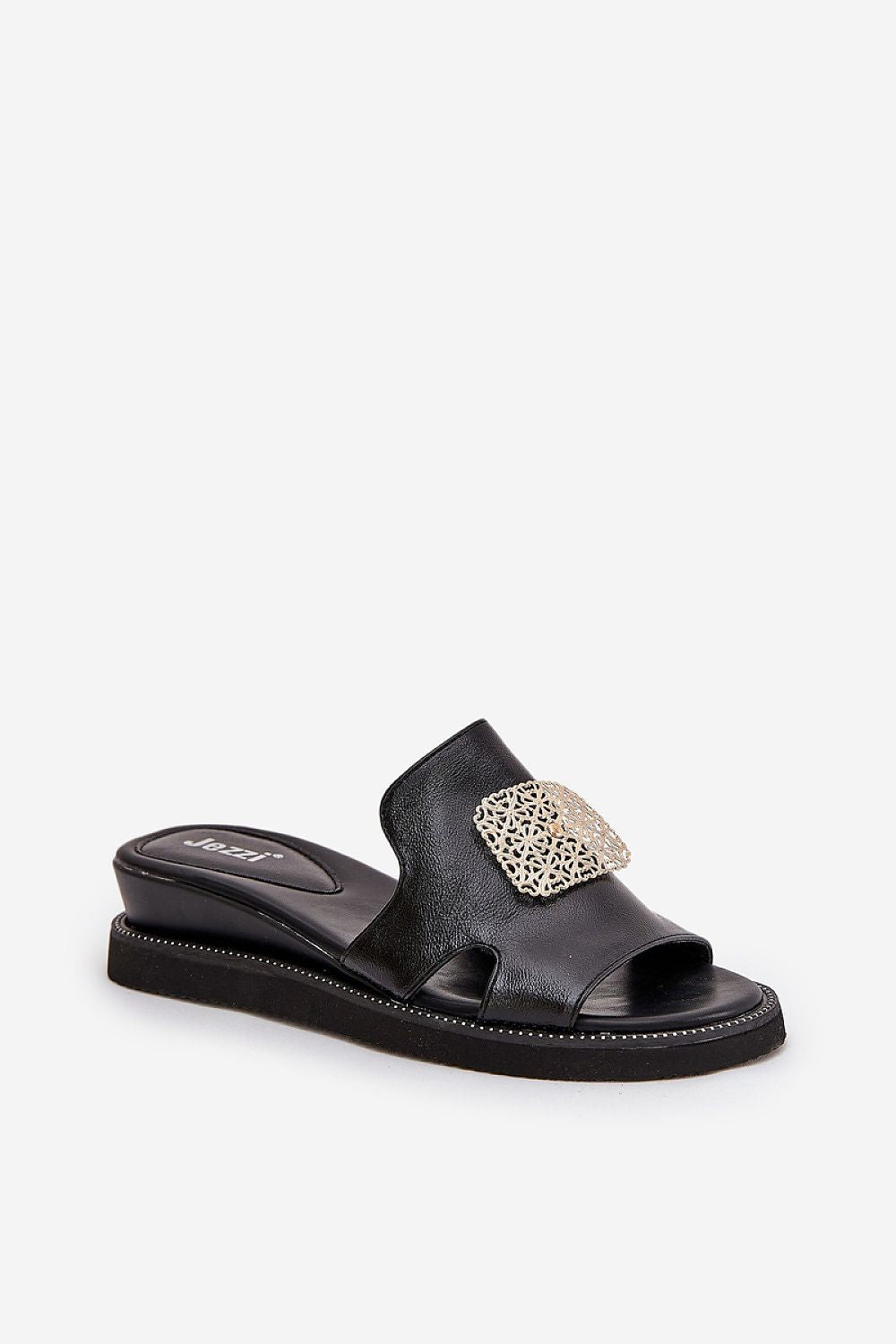 Jezzi women's eco-leather sandals showcasing a stunning gold ornament, wedge heels for added height and comfort, perfect for summer outings, brought to you by Step in Style.