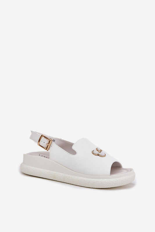 Close-up of Vinceza women's leather sandals showcasing the luxurious natural leather and delicate buckle detail.