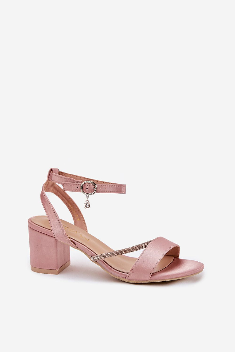 Close-up view of Step in style elegant women's heel sandals showcasing intricate zircon strap details, ideal for summer occasions with a 6.5cm column heel.