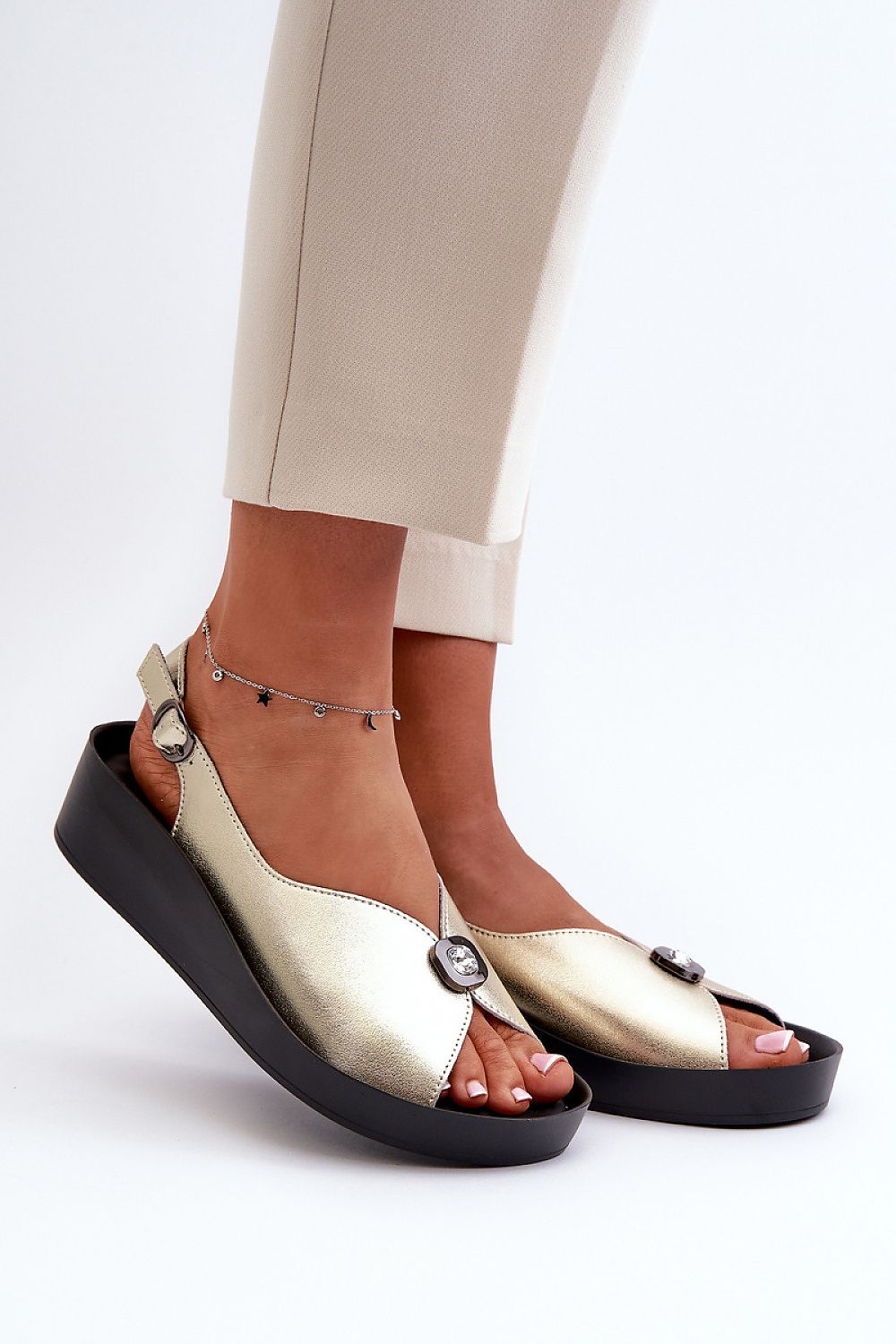 Step in Style Elegant S.Barski Women's Leather Sandals with 4cm Wedge Heel and Adjustable Strap, perfect for stylish comfort.