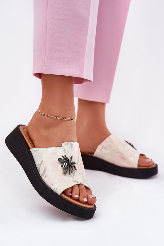 Vinceza Women's Natural Leather Wedge Sandals with Decorative Brooch showcasing exquisite craftsmanship and elegant design, perfect for summer styling.