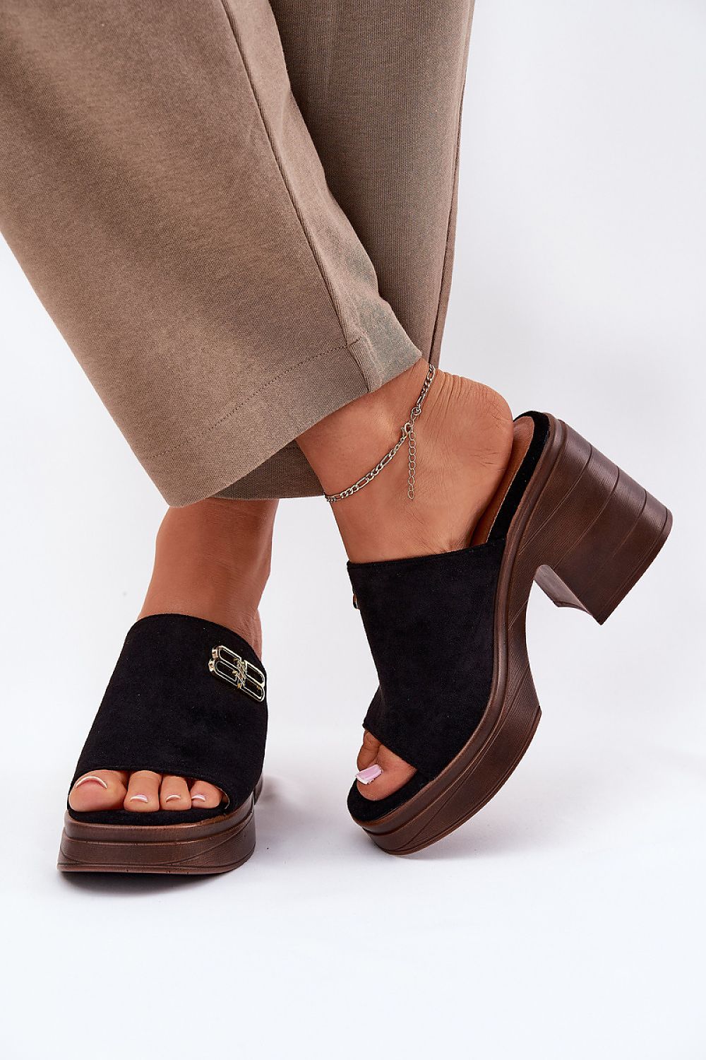 Elegant Eco Suede Women's Sandals with Gold Detail by Step in Style, showcasing a stylish chunky heel and platform design perfect for special occasions.