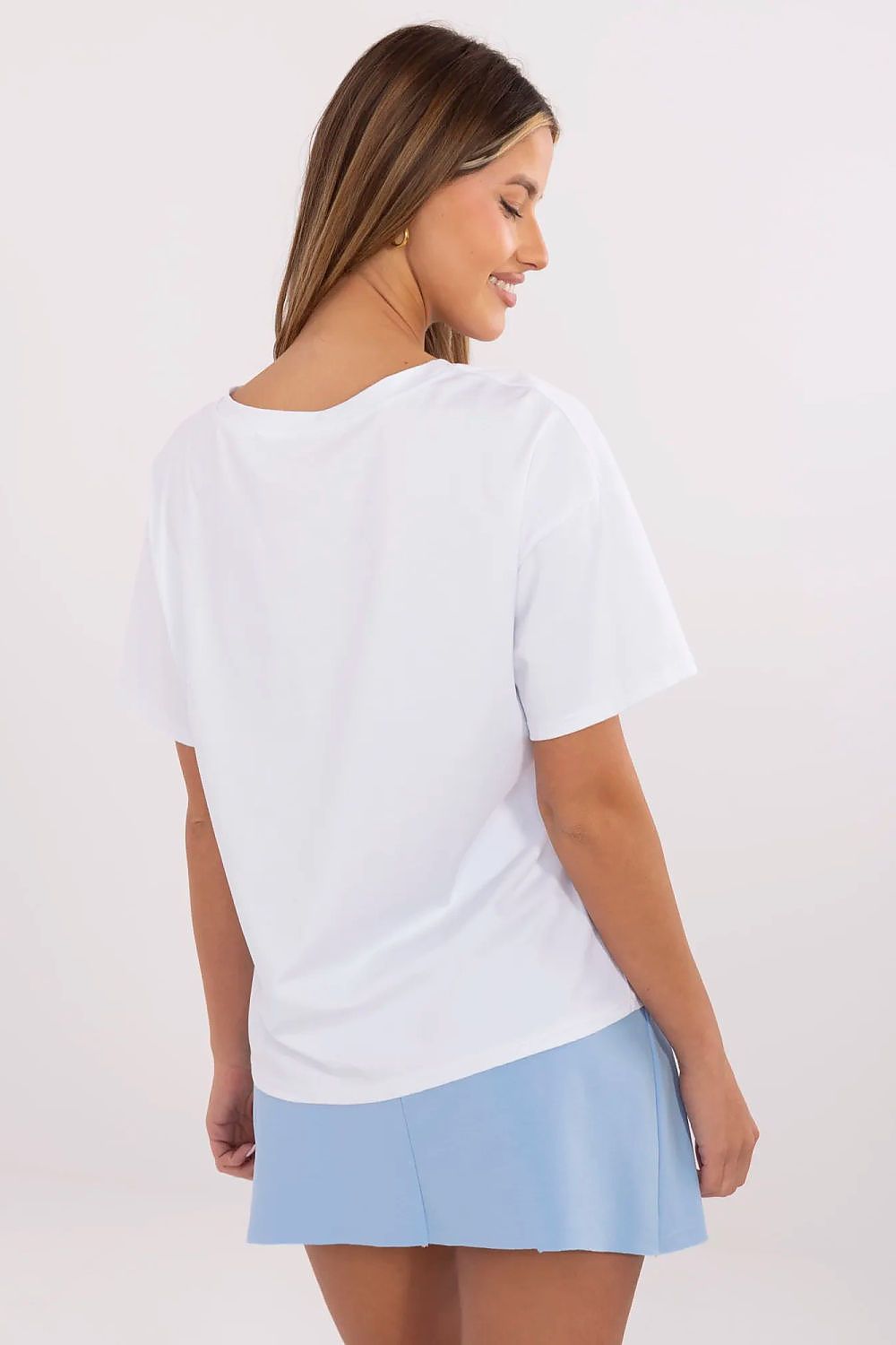 Luxurious Italy Moda women's casual cotton T-shirt in elegant EU size 0, featuring a unique artistic print, crafted for softness and breathability.