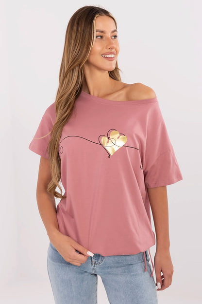 Elegant women's trendy t-shirt by Factory Price featuring original print and stylish side tie, crafted from a comfortable cotton blend in sizes S to XL.