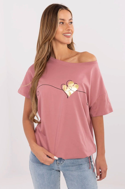 Elegant women's trendy t-shirt by Factory Price featuring original print and stylish side tie, crafted from a comfortable cotton blend in sizes S to XL.