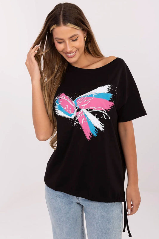 Elegant women's t-shirt featuring intricate print, embroidery, and beads from Factory Price, crafted in soft cotton for a luxurious feel.