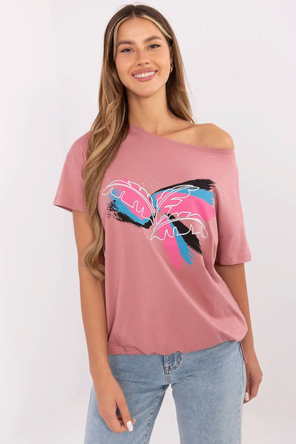 Model showcasing the stylish and comfortable women's t-shirt by Factory Price, highlighting the unique print and high-quality materials.