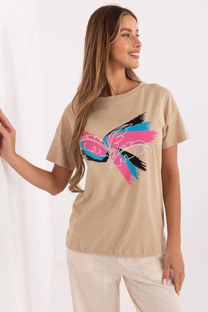 Close-up of elegant women's t-shirt by Factory Price showcasing sparkling beads and embroidery, perfect for stylish everyday wear.