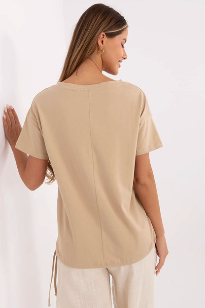 Elegant women's t-shirt featuring unique print, embroidery, and bead embellishments. Made from soft cotton and spandex blend by Factory Price, available in sizes S to XL. Perfect for adding a touch of luxury to casual outfits.