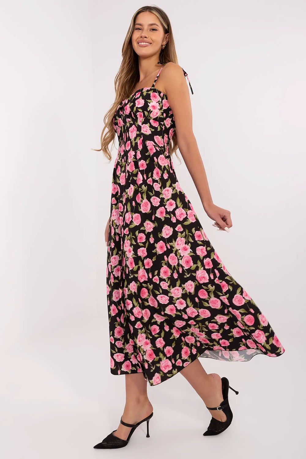 Stylish midi dress by Italy Moda featuring a flared cut, corset waist, and elegant floral pattern, perfect for summer occasions.