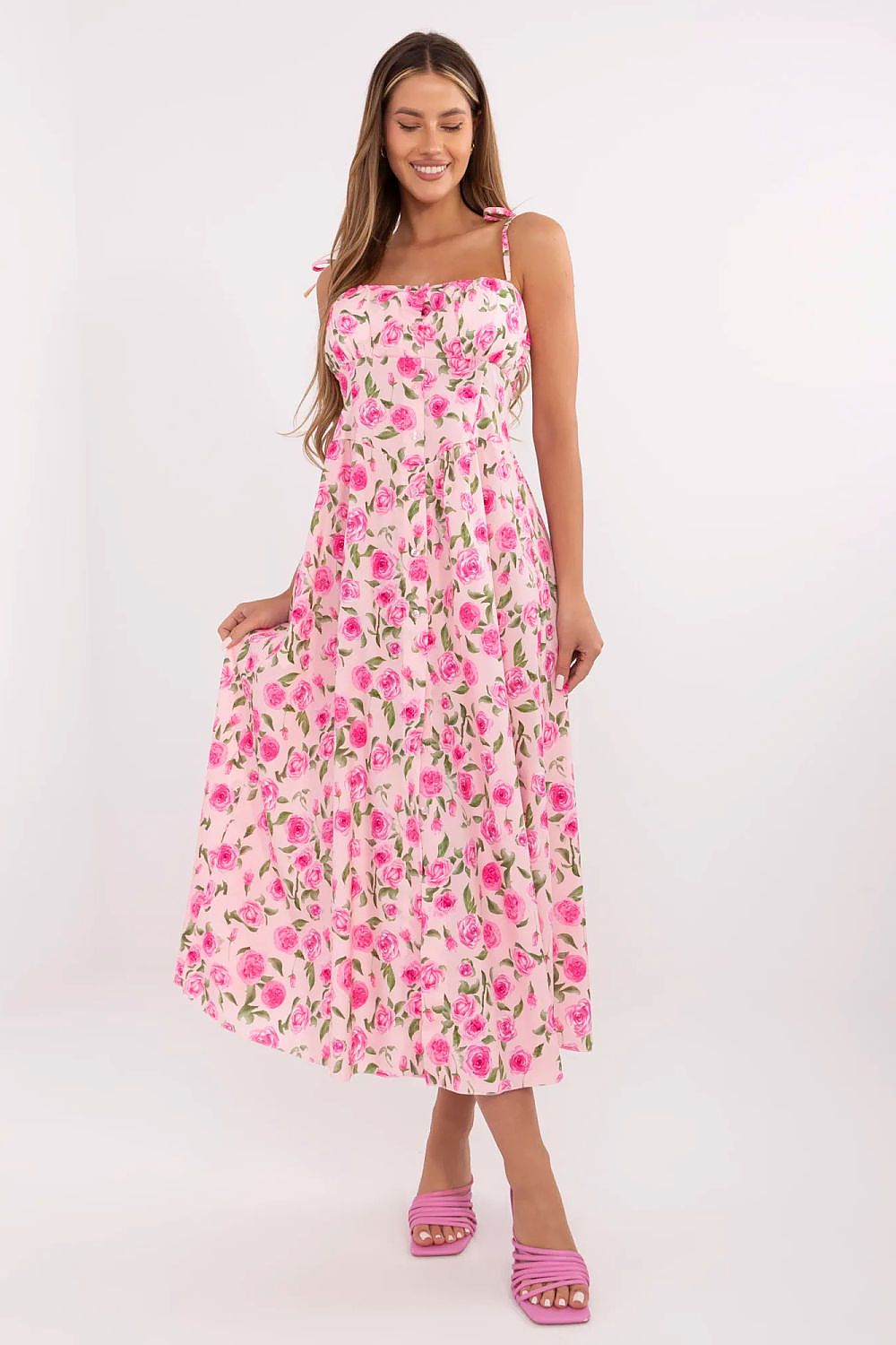 Elegant midi dress by Italy Moda featuring a corset waist and floral pattern, perfect for stylish summer outings.