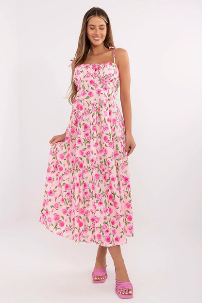 Elegant midi dress by Italy Moda featuring a corset waist and floral pattern, perfect for stylish summer outings.