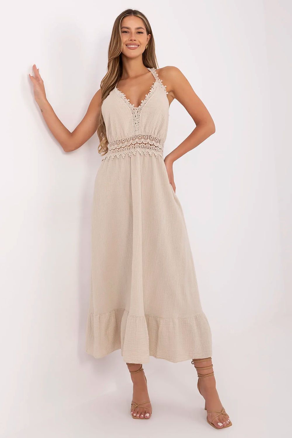 Flared boho midi dress with lace detailing by Italy Moda, embodying elegance and summer comfort, showcasing a breathable cotton and spandex blend.