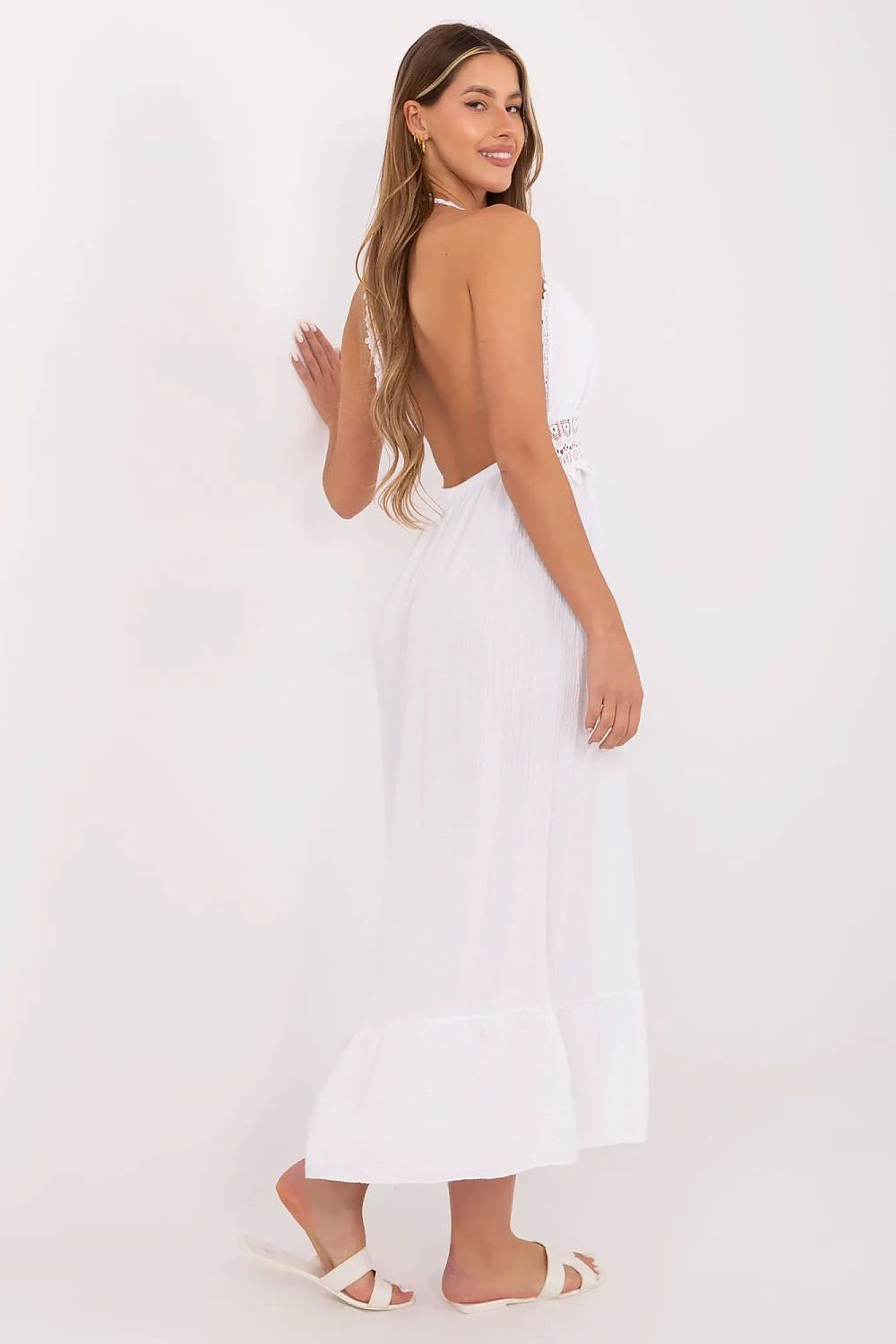 Elegant Flared Boho Midi Dress with Lace detailing, designed by Italy Moda, showcasing summer casualness and feminine charm.