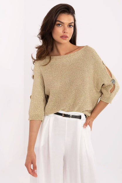 Elegant openwork women's sweater by Italy Moda featuring 3/4 sleeves and metallic thread for a luxurious shine, perfect for stylish office attire or casual outings.