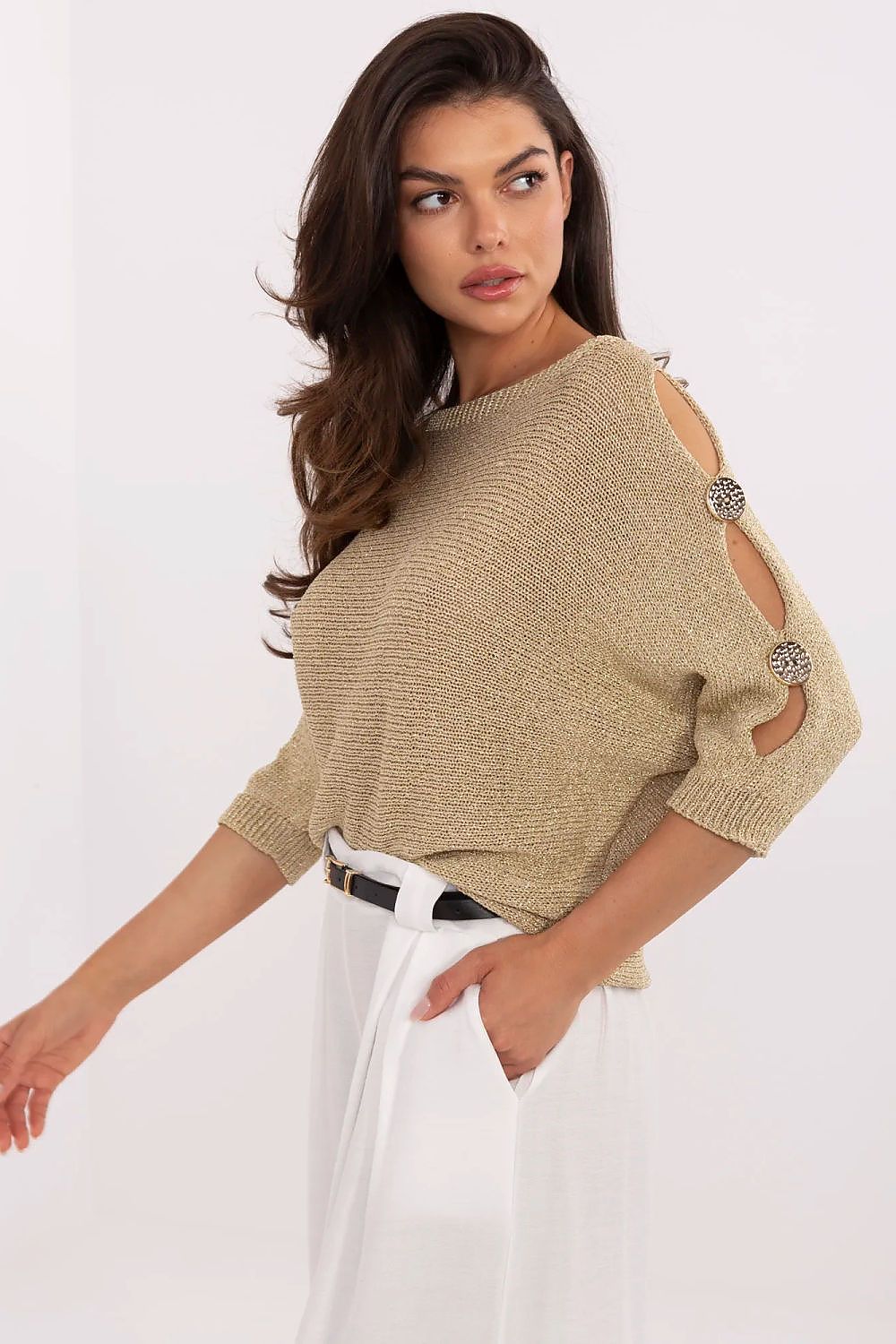Close-up of Italy Moda's women's sweater showcasing delicate openwork pattern and soft viscose material enhanced with metallic thread for an elegant look.