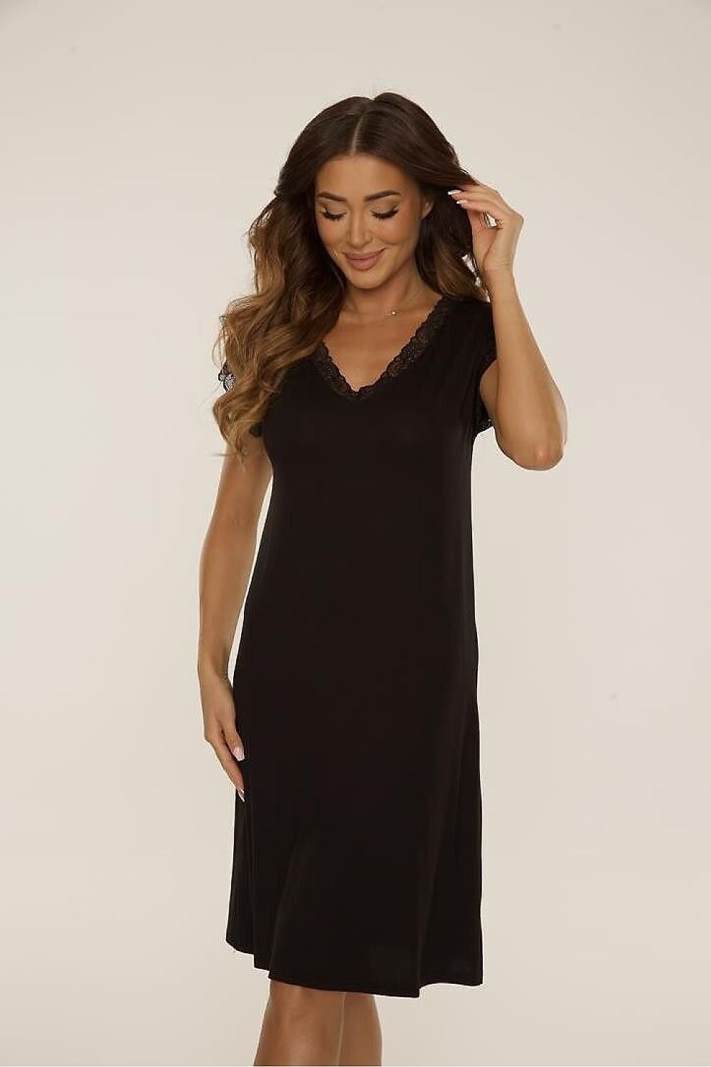 De Lafense Women's Knee-Length Nightshirt with elegant lace trim, showcasing luxurious sleepwear designed for comfort and style in sizes S-XXL.