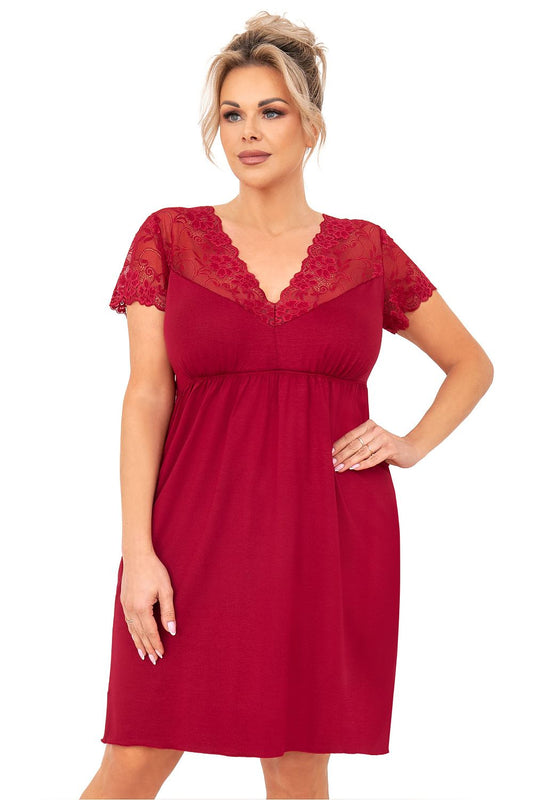 Luxurious plus size Donna nightgown featuring a V-neckline and elegant lace detail, knee-length design with frill embellishment, ideal for a comfortable and sensual look.