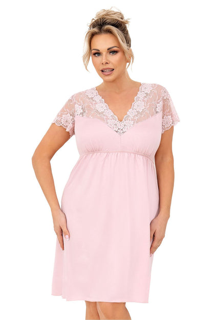 Elegant plus size Donna nightgown made of soft, smooth fabric, showcasing a flattering silhouette with short sleeves for a luxurious nightwear experience.