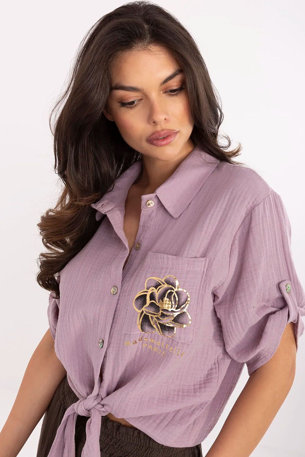 Italy Moda Women's Cotton Shirt in light fabric, highlighting the feminine tie detail at the bottom and subtle print pocket - Comfortable elegance for any occasion.