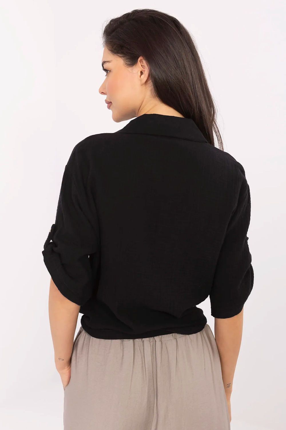 Italy Moda women's luxurious casual cotton shirt with tie detail, showcasing 3/4 sleeves and a stylish pocket accent.