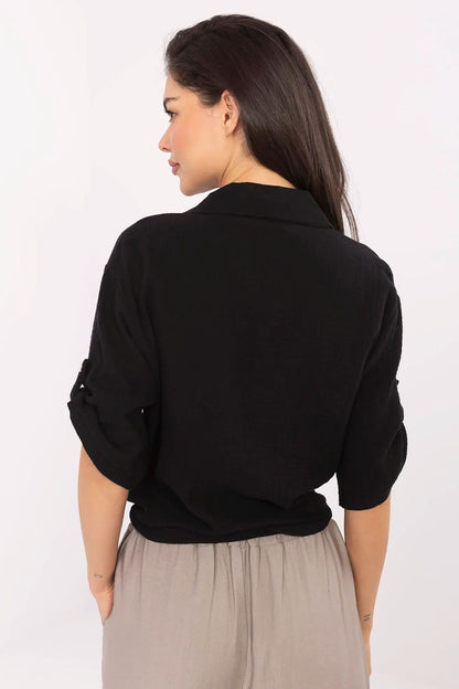 Italy Moda women's luxurious casual cotton shirt with tie detail, showcasing 3/4 sleeves and a stylish pocket accent.