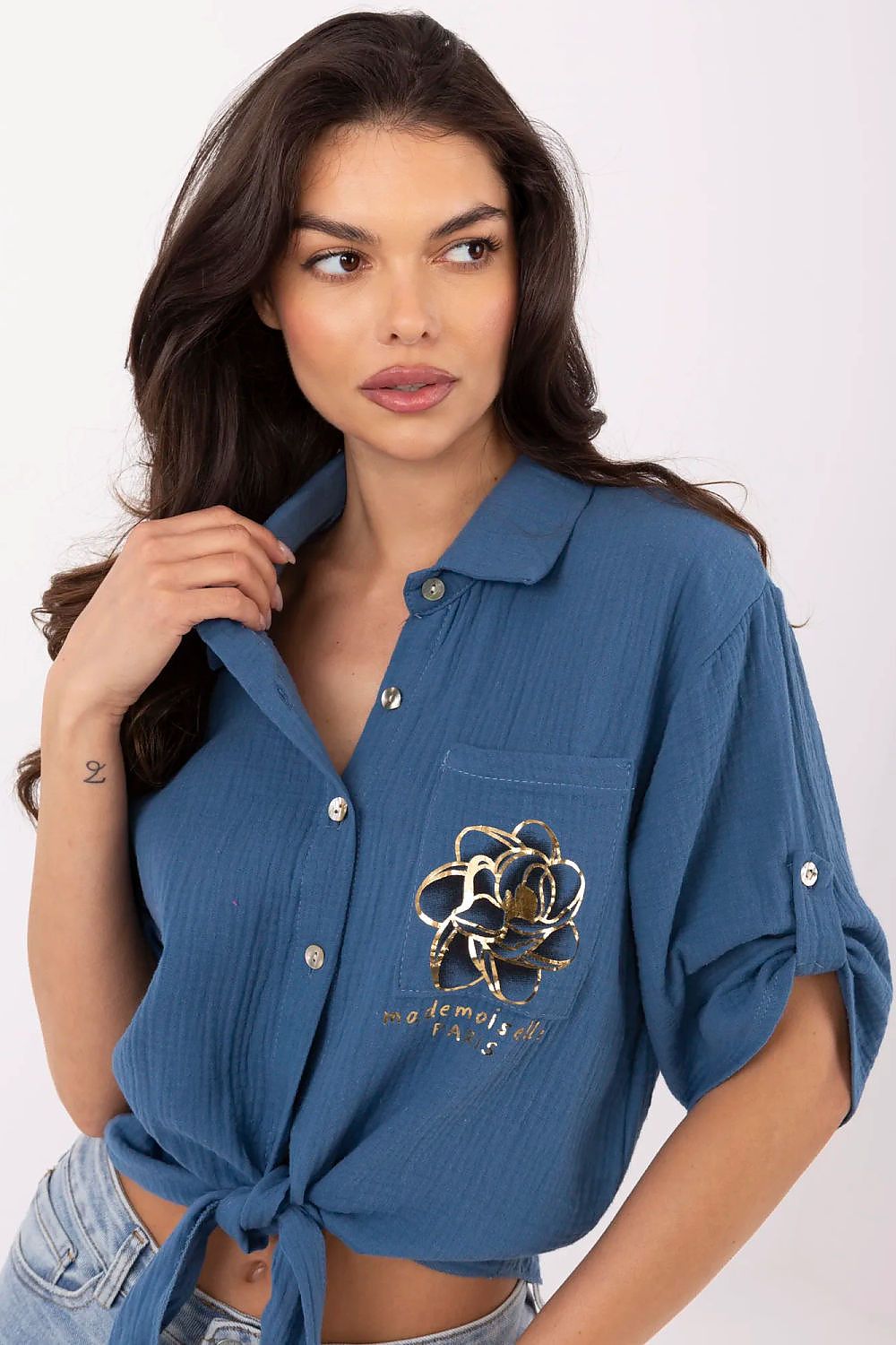 Italy Moda luxury women's casual cotton shirt with elegant tie detail and 3/4 sleeves in a classic relaxed fit.