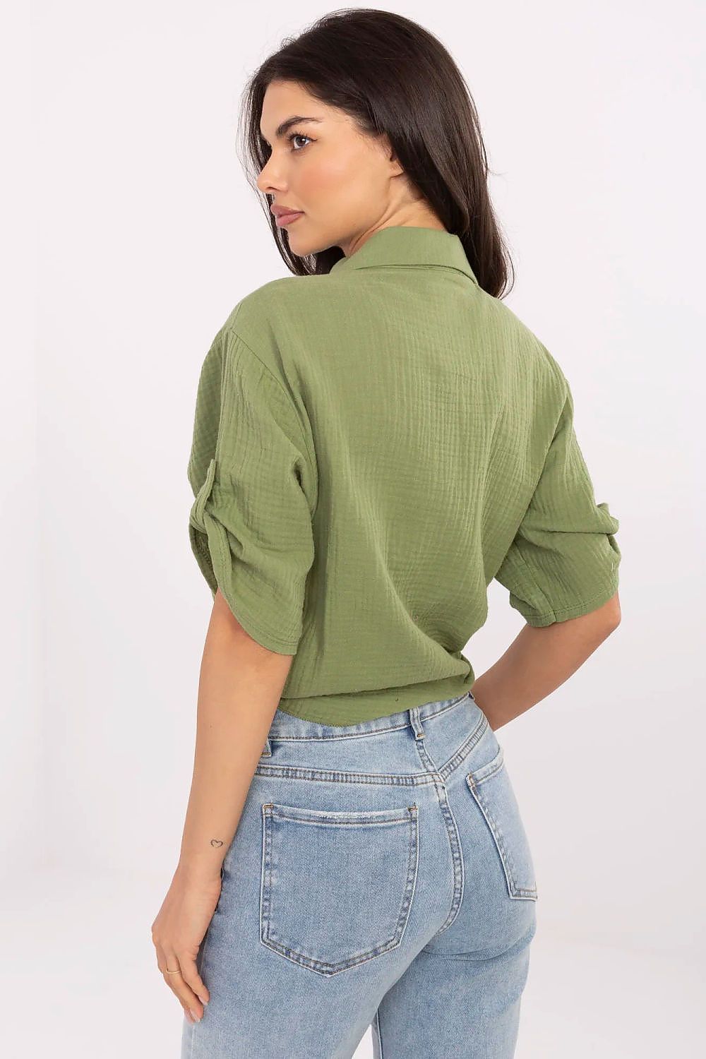 Back view of Italy Moda women's casual shirt featuring 3/4 sleeves and a contemporary design.