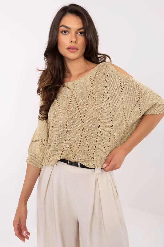 Elegant women's viscose sweater from Italy Moda featuring delicate metallic thread, round neckline, and stylish 3/4 sleeves for a luxurious look.