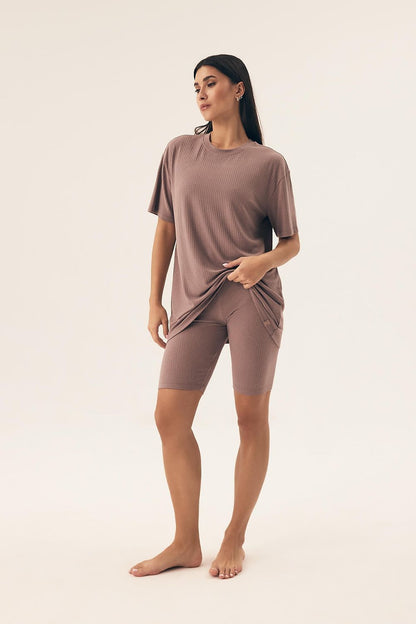 Luxurious Henderson Women's Comfortable Pyjamas Set showcasing soft, breathable fabric ideal for homewear, featuring a stylish loose fit top and knee-length shorts.