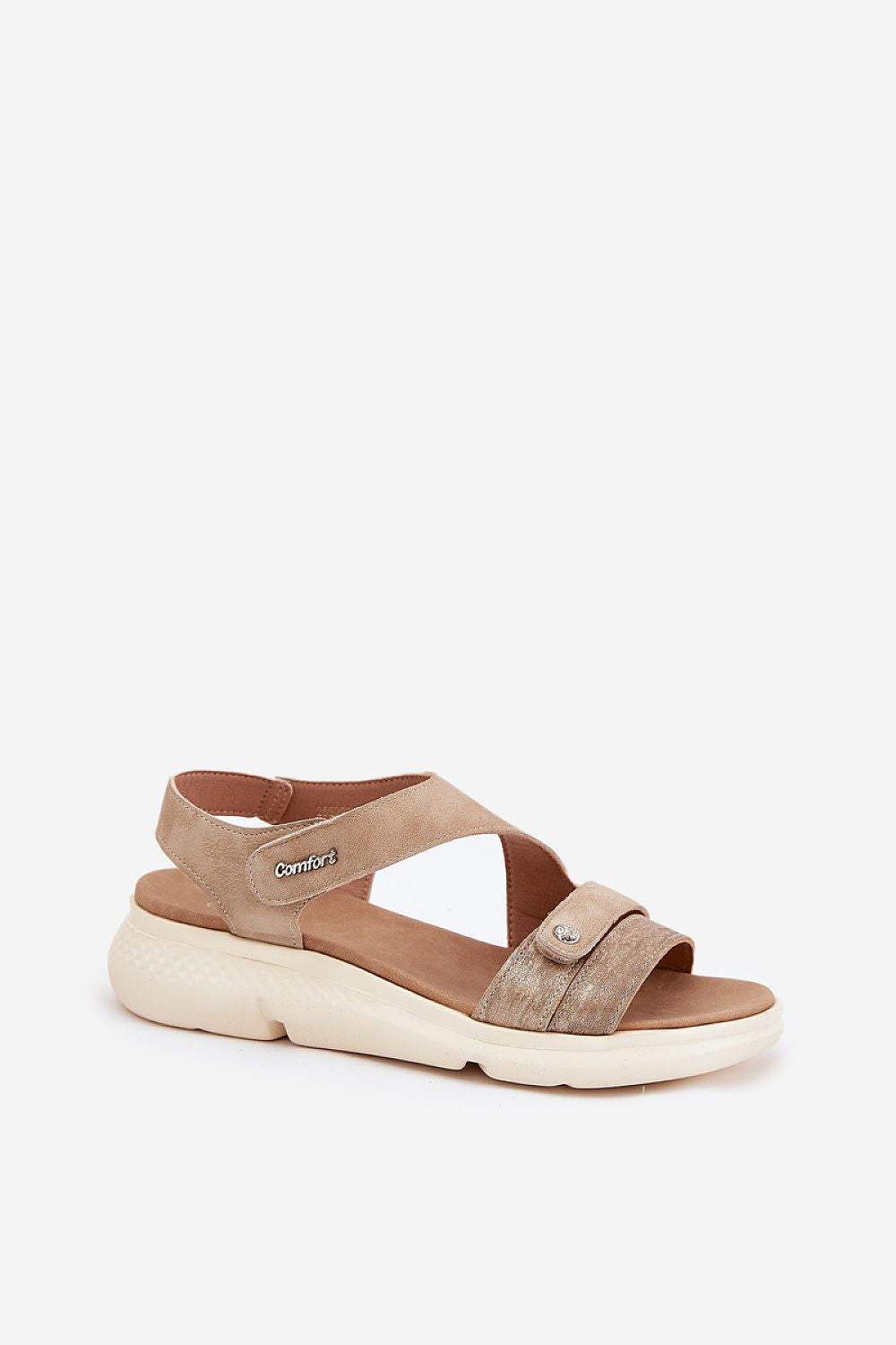 Close-up of Step in Style luxury women's eco leather sandals with adjustable double velcro closure, featuring a stylish wedge heel, ideal for all-day wear and versatile fashion.