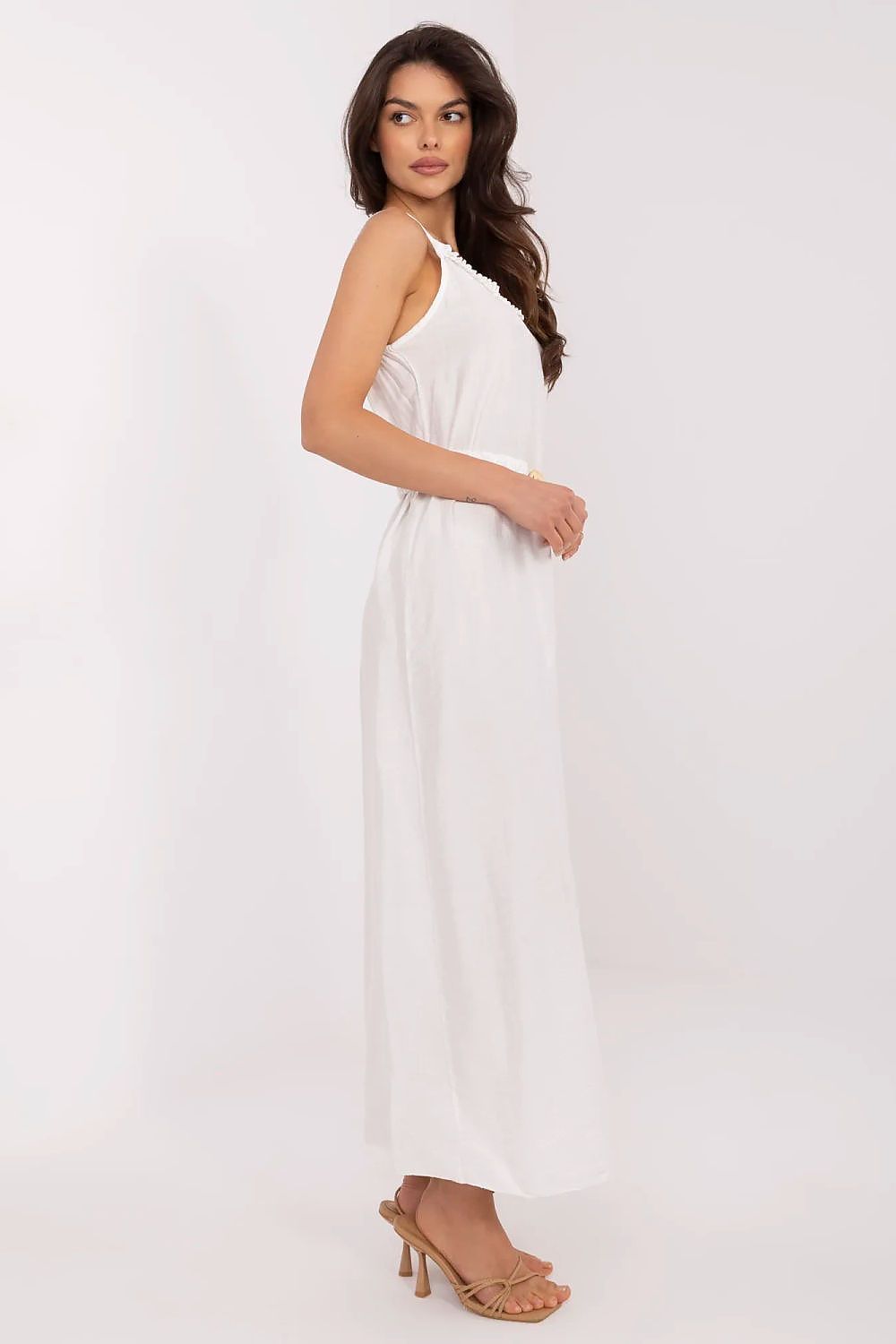 Close-up of Italy Moda Women's V-Neck Maxi Dress showcasing the delicate ruffle detail and luxurious fabric texture, perfect for summer elegance.