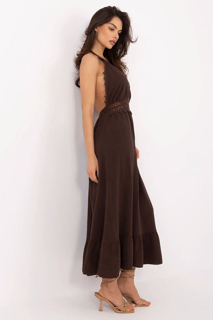 Side view of the airy Flared Boho Midi Dress by Italy Moda, highlighting its comfortable cotton and spandex fabric.
