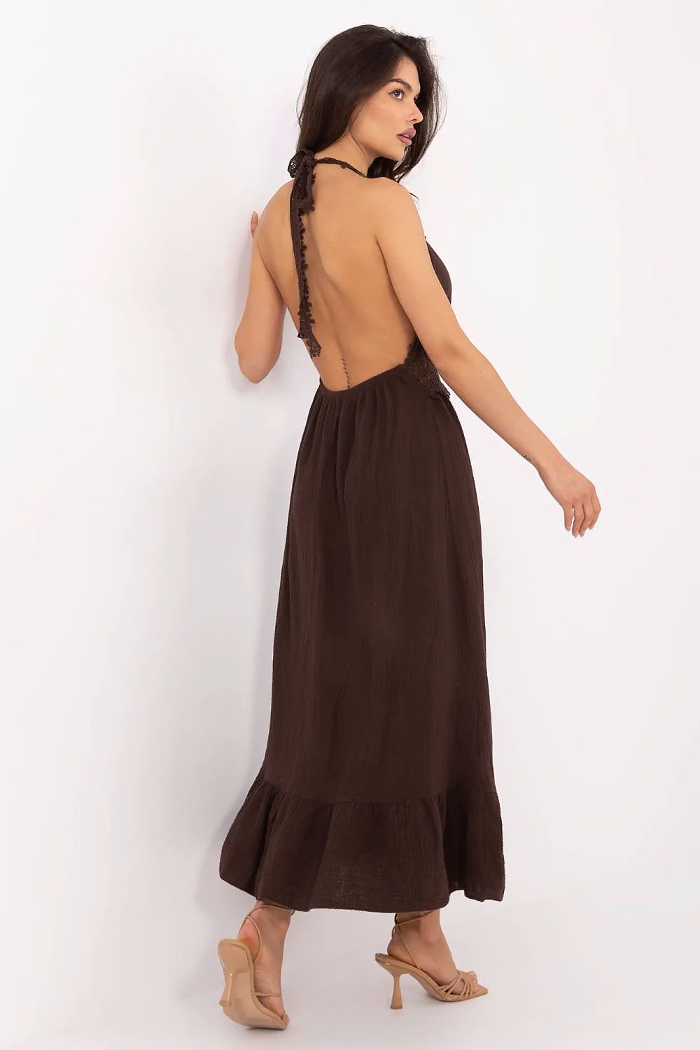 Back view of Italy Moda's Flared Boho Midi Dress, featuring tied straps and a stylish ruffle, ideal for summer occasions.